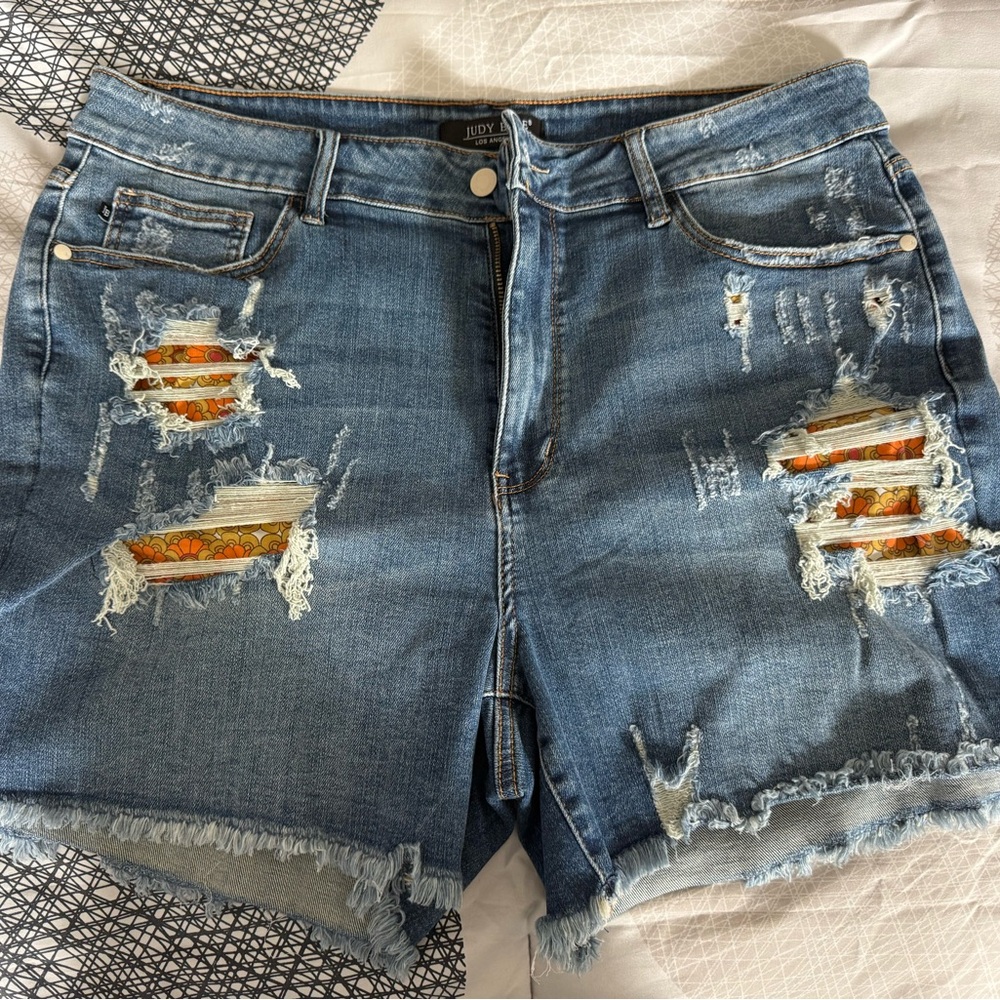Judy Blue Distressed Blue Jean Shorts with Frayed Hem- 3X